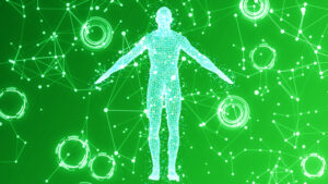 a green background with a silhouette of a man symbolizing longevity and anti-aging